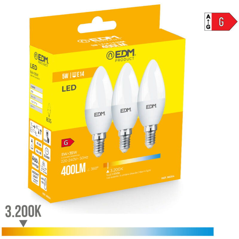 foto del prodotto set di 3 lampadine led e14 5w fiamma equivalente a 50w bianco caldo 3200k