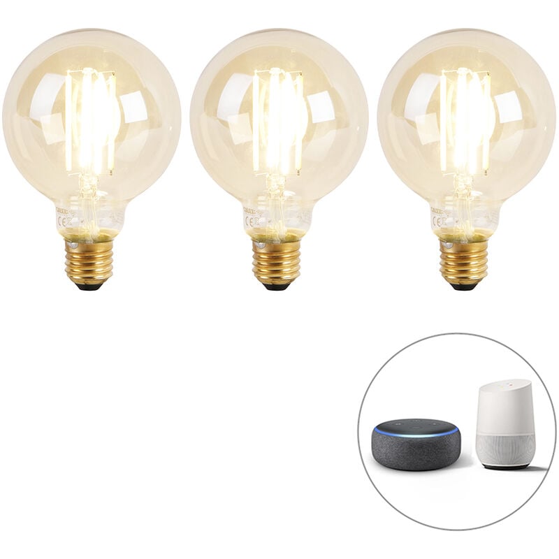 foto del prodotto set di 3 lampadine led intelligenti e27 dimmerabili con luce calda g95 goldline 7w 806lm 1800k 3000k calex