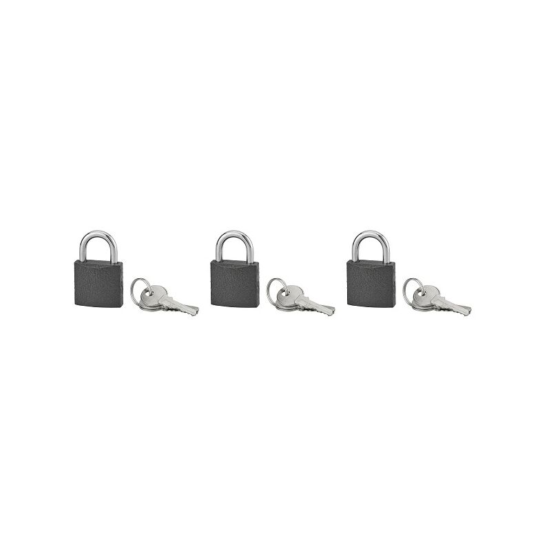 foto del prodotto set di 3 lucchetti basic grigi con chiave, base 30 mm, ansa in acciaio cementato, chiave uguale, 3 chiavi cad. serruprix