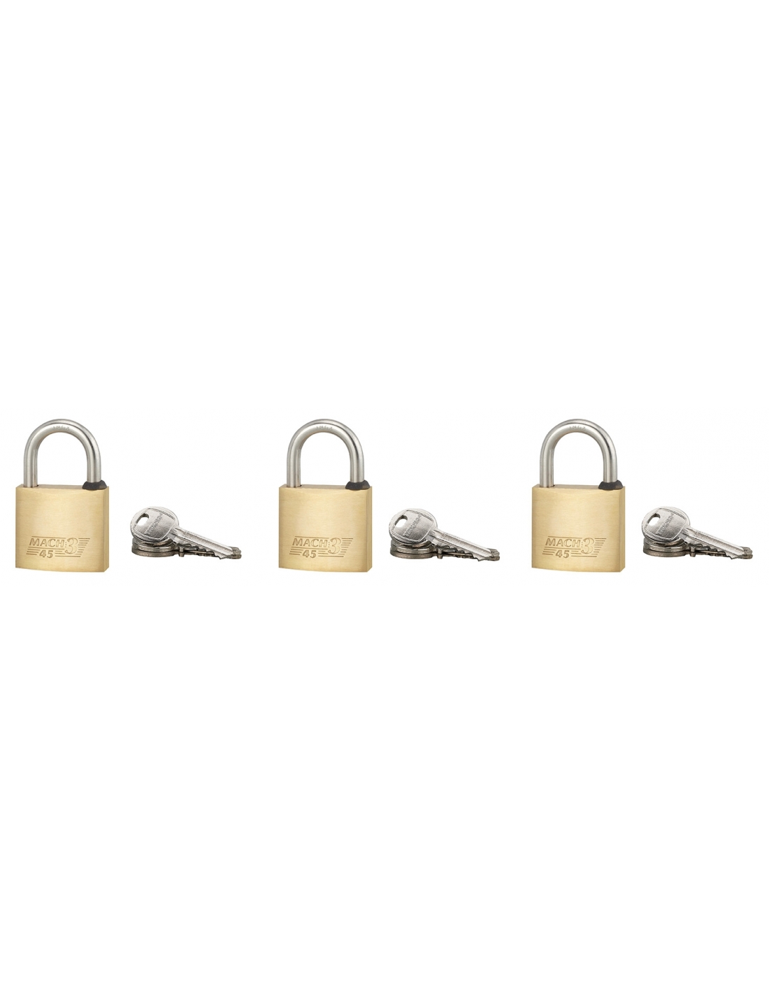 foto del prodotto set di 3 lucchetti stessa chiave mach 3, ansa 45mm ansa acciaio inox, ottone, da esterno, anticorrosione, 3x3 chiavi thirard