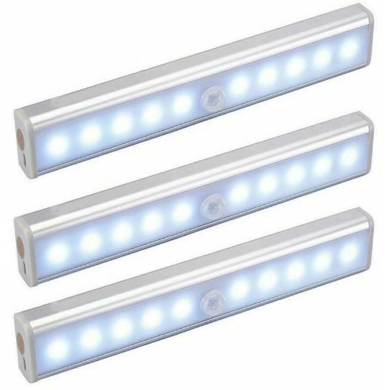 foto del prodotto set di 3 luci a 10 led, wireless, ricaricabili tramite usb, magnetiche, sensore di movimento, portatili. luce per armadio, luce di emergenza