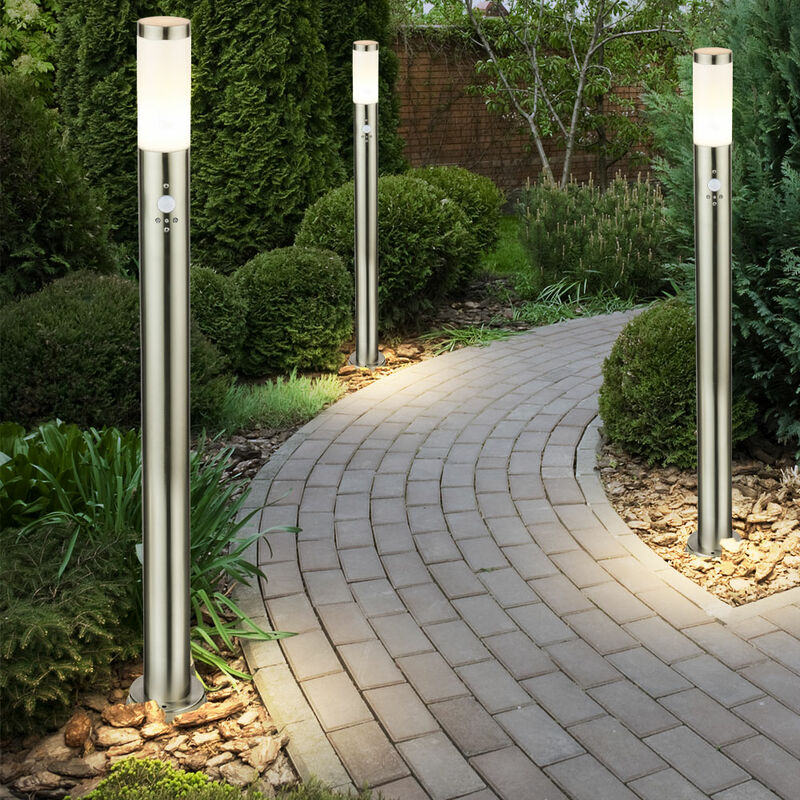 foto del prodotto set di 3 luci da terra per esterni, giardino, parco, faretti in acciaio inox, rilevatore di movimento ip44