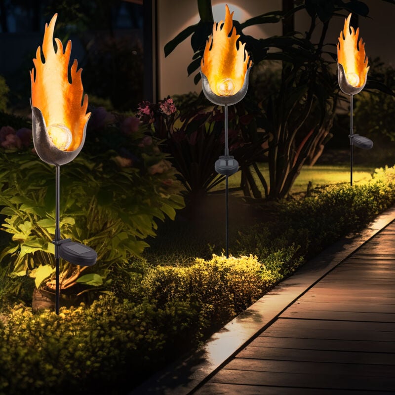 foto del prodotto set di 3 luci solari a led per esterni per lampade a sfera in vetro per balcone con effetto fuoco a fiamma
