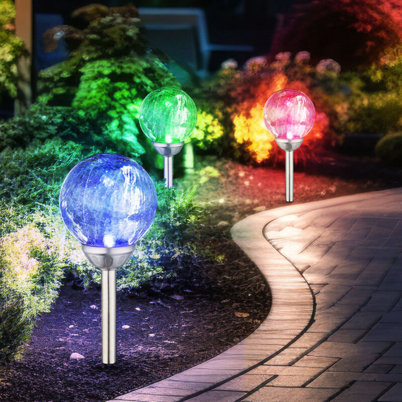 foto del prodotto set di 3 luci solari a led rgb, lampade plug in, illuminazione con faretti per esterni, sfera di vetro, che cambiano colore