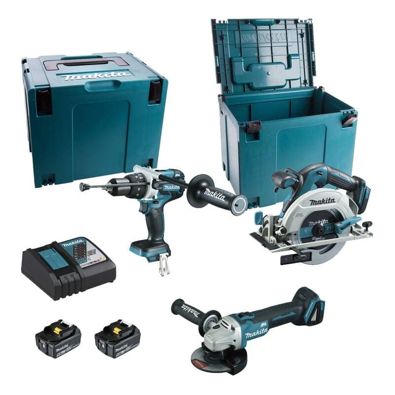 foto del prodotto set di 3 macchine 18 v agli ioni di litio 5 ah makita trapano dhp481 smerigliatrice dga506 sega dhs680 2 batterie, caricabatterie, valigetta