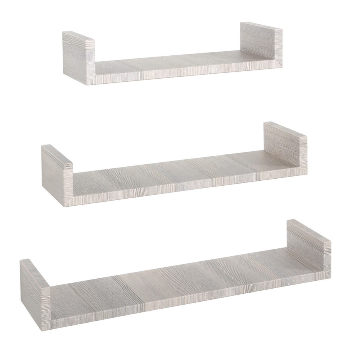 foto del prodotto set di 3 mensole da muro modello calamita, mensole muro design, mensola da parete. misure 60x8 p15.5 cm, 50x8 p15.5 cm e 40x8 p15.5 cm. finitura rov. grigio made in italy