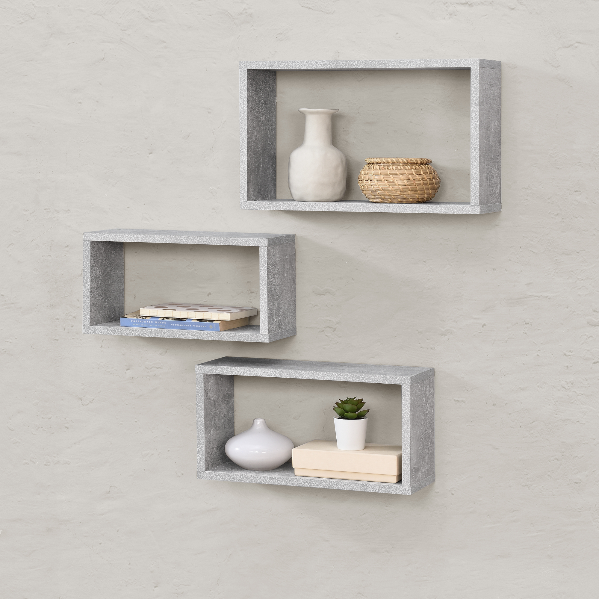 foto del prodotto set di 3 mensole da parete a forma rettangolare in misure diverse 3 scaffali da muro con 2 ripiani portaoggetti 