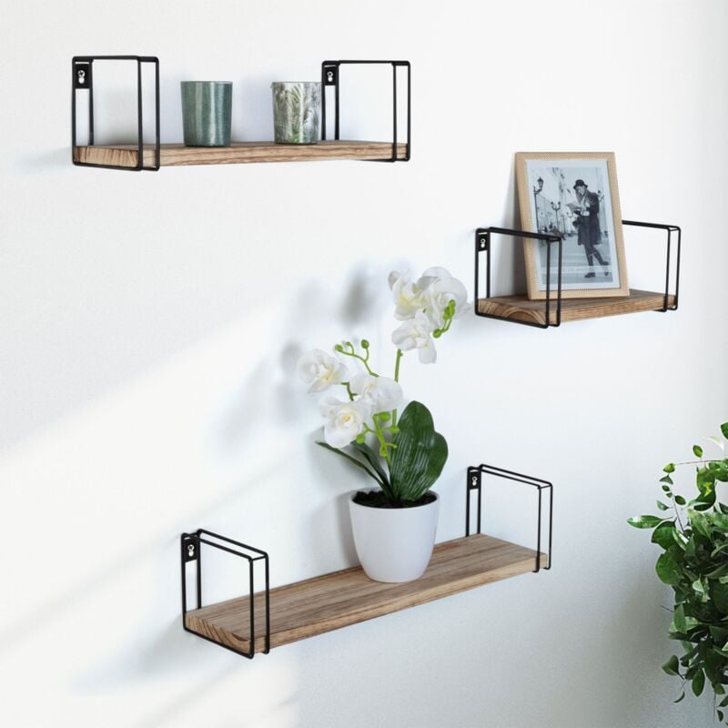 foto del prodotto set di 3 mensole da parete lily, legno e metallo, design industriale