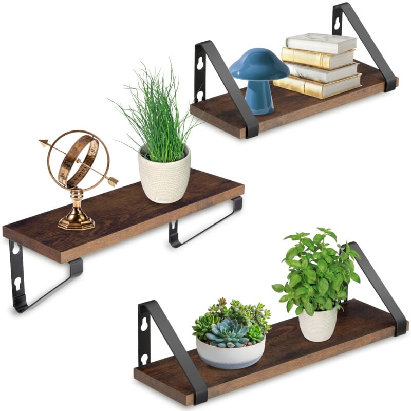 foto del prodotto set di 3 mensole da parete stile industriale legno scuro
