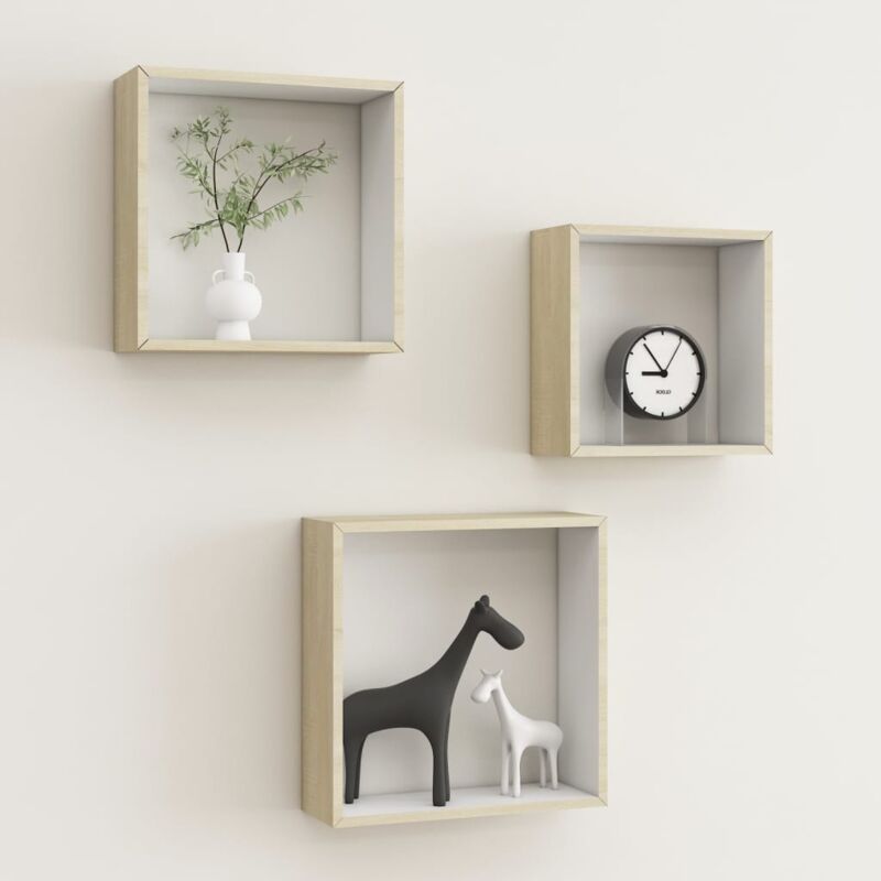 foto del prodotto set di 3 mensole design scandinavo,scaffali a muro,mensole da parete a cubo bianco e rovere sonoma fw26376