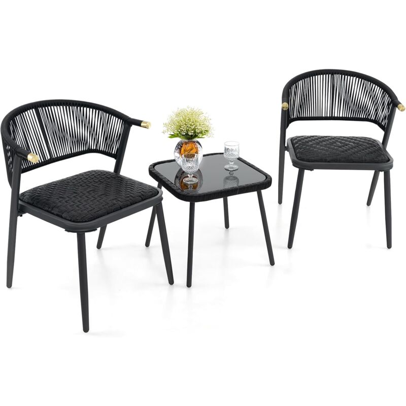 foto del prodotto set di 3 mobili da giardino in rattan, sedie imbottite in schiuma ad asciugatura rapida con tavolino in vetro temperato, sedile in vimini e schienale