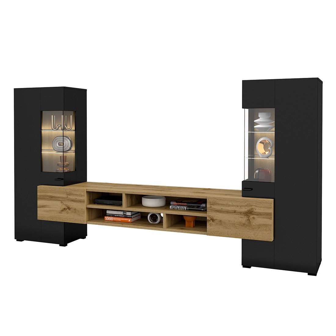 foto del prodotto set di 3 mobili da salotto collezione kobee. colore nero e quercia.