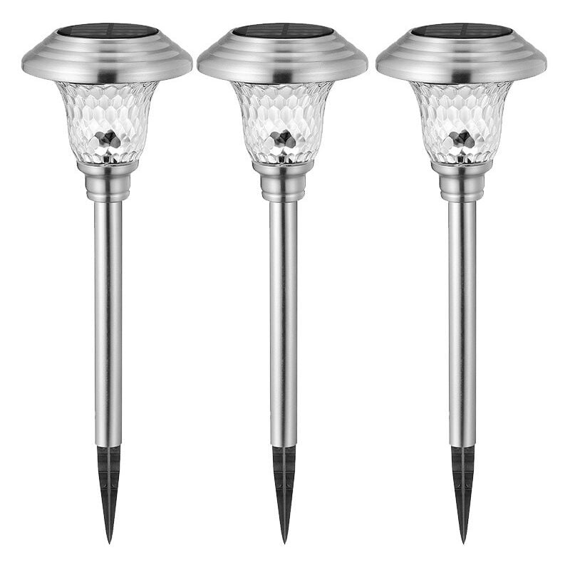 foto del prodotto set di 3 paletti solari in acciaio inossidabile, lanterne solari decorative per illuminazione paesaggistica per esterni, patio, giardino, luce bianca