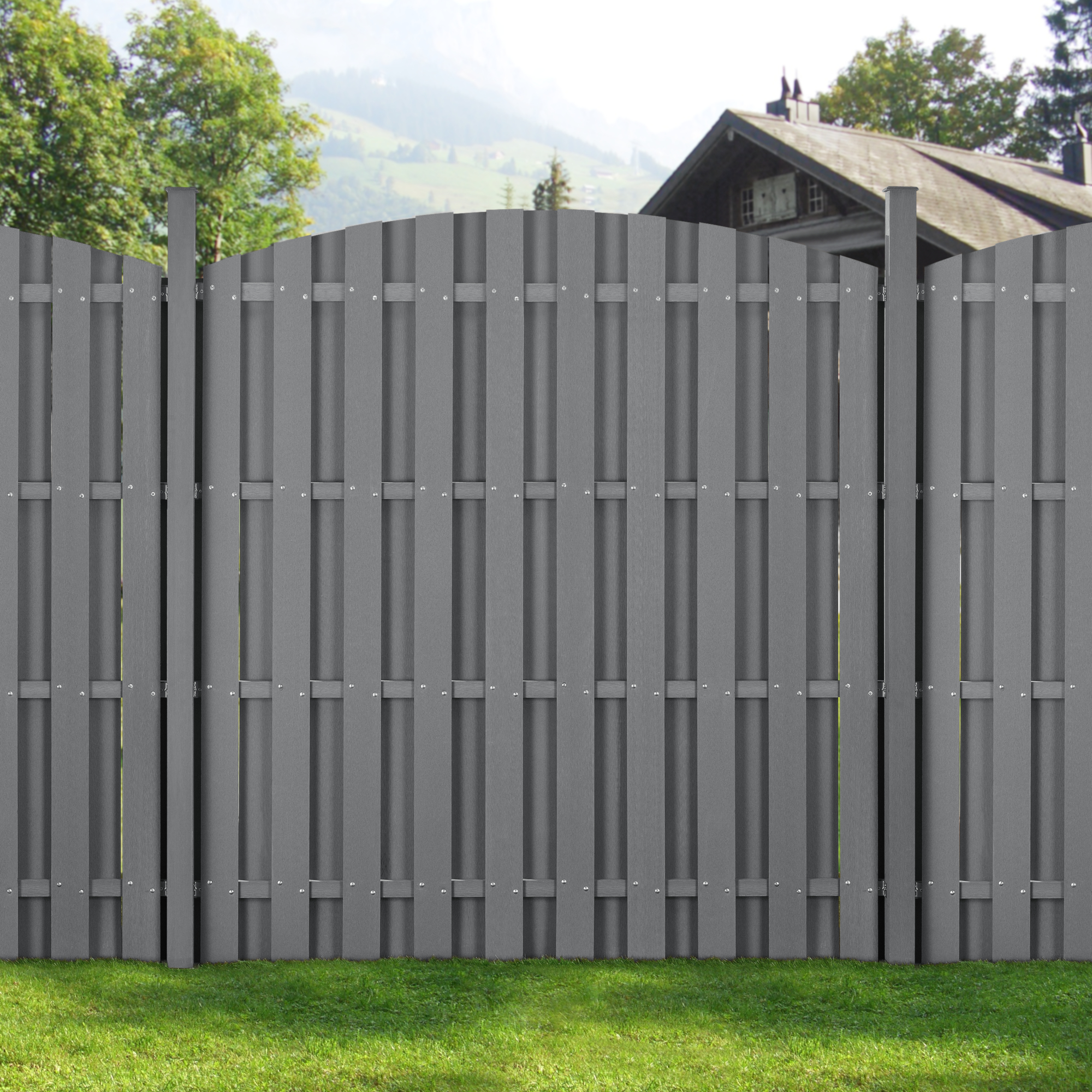 foto del prodotto set di 3 pannelli steccato ad arco con doghe in wpc e base in acciaio axl 185x562 cm grigio neu.holz