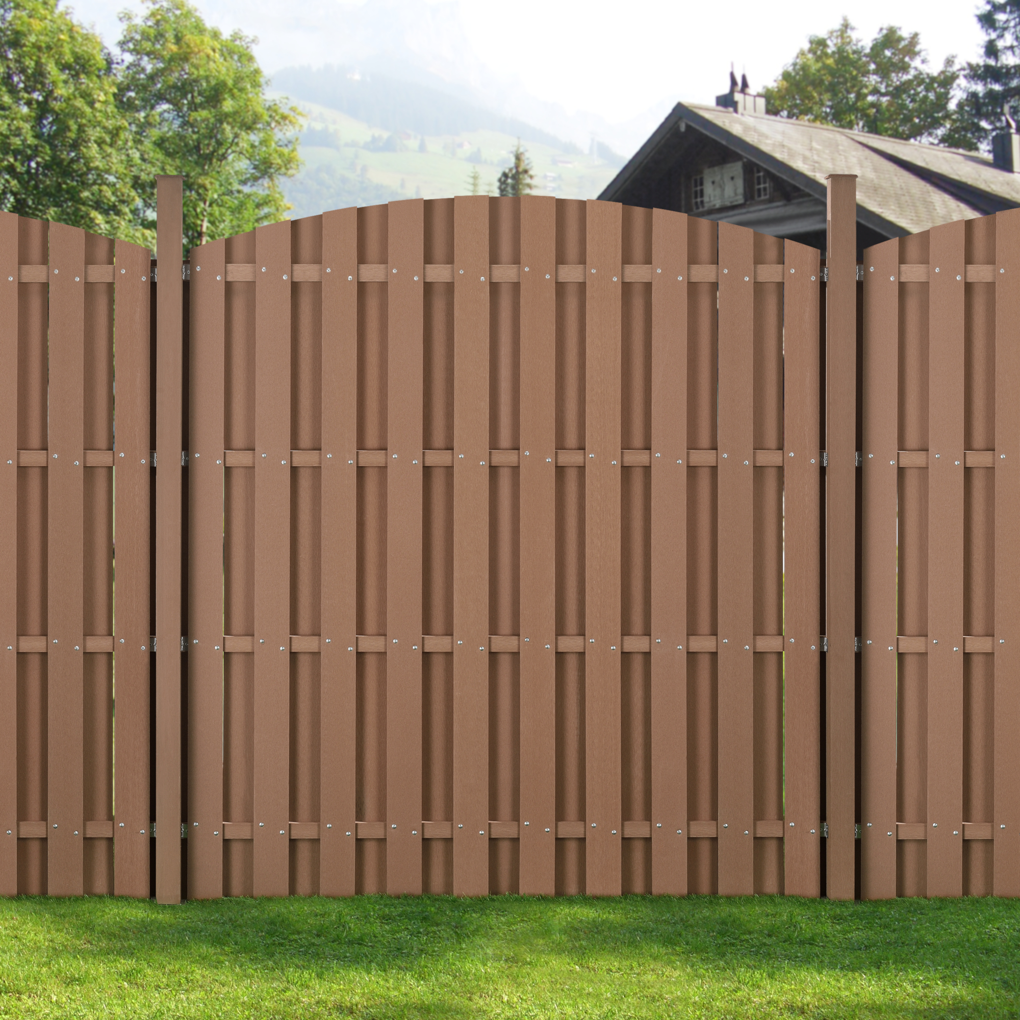 foto del prodotto set di 3 pannelli steccato ad arco con doghe in wpc e base in acciaio axl 185x562 cm marrone neu.holz