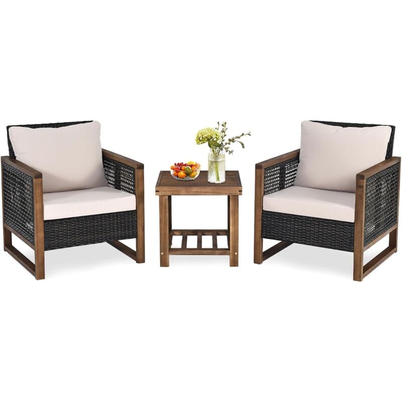 foto del prodotto set di 3 pezzi di mobili da patio, 1 tavolino in legno di acacia e 2 sedie in rattan pe, con cuscini lavabili, set di divani per giardino cortile