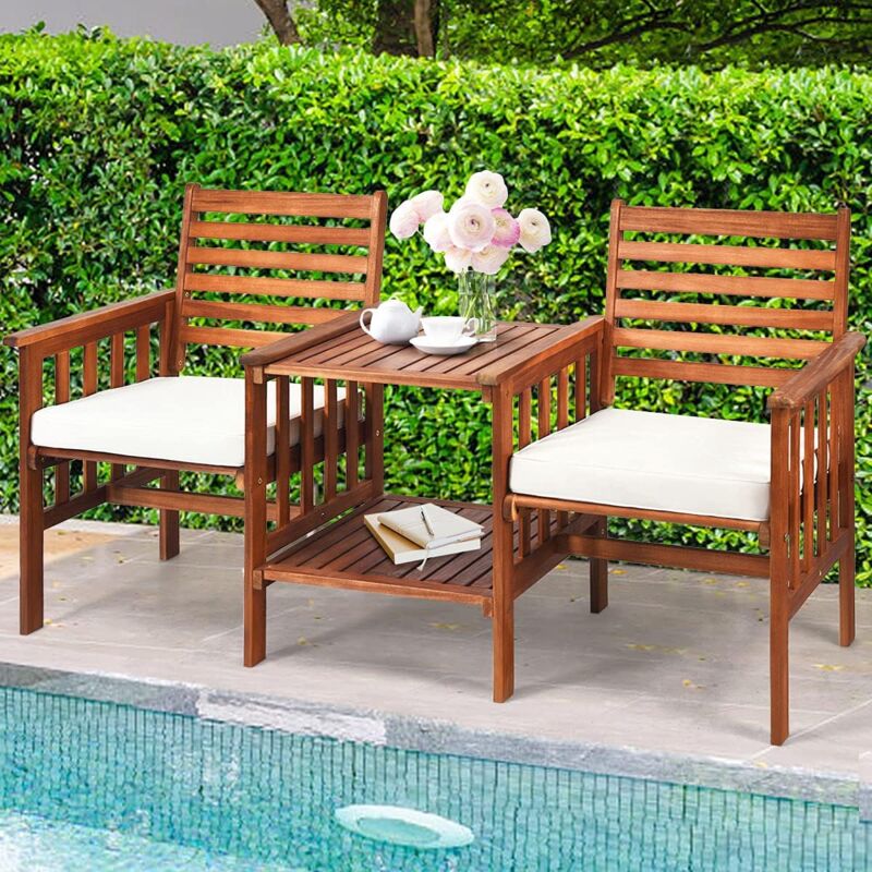 foto del prodotto set di 3 pezzi mobili da giardino in legno d acacia con 2 poltrone e 1 tavolo, con foro per ombrellone per terrazza, patio, balcone goplus
