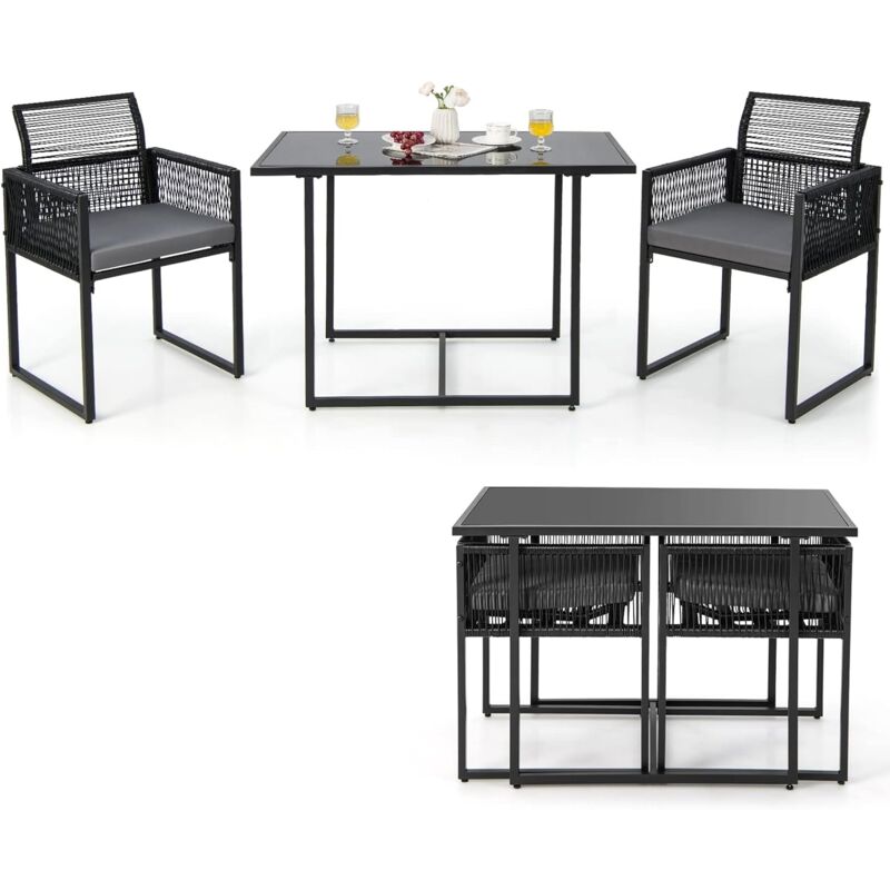 foto del prodotto set di 3 pezzi pranzo da giardino, set di tavolo e sedie da esterno in rattan pe con schienali pieghevoli, tavolo in vetro temperato, per balcone