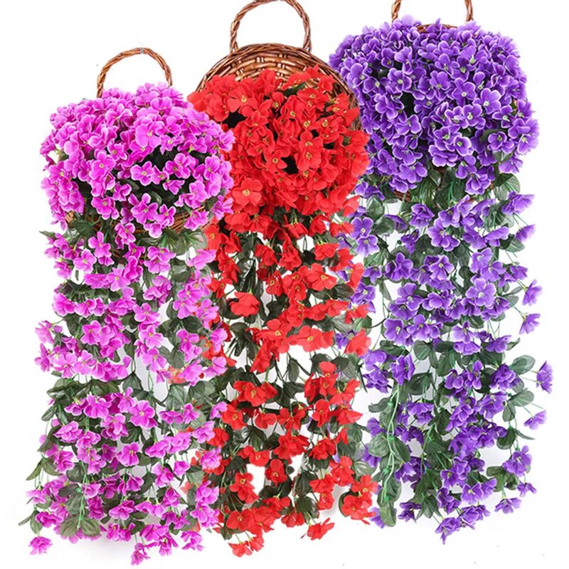 foto del prodotto set di 3 piante artificiali da 85 cm, edera rampicante, piante rampicanti, foglie artificiali, decorazione floreale viola