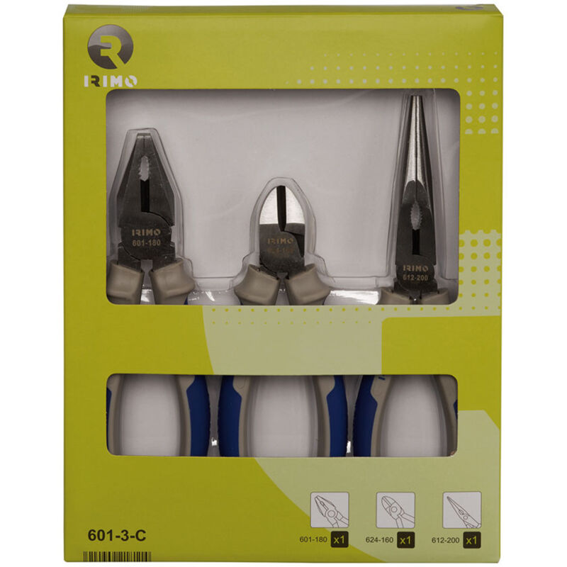 foto del prodotto set di 3 pinze universale 180 mm, da taglio 160 mm, mezzotonda 200 mm 601 3 c irimo