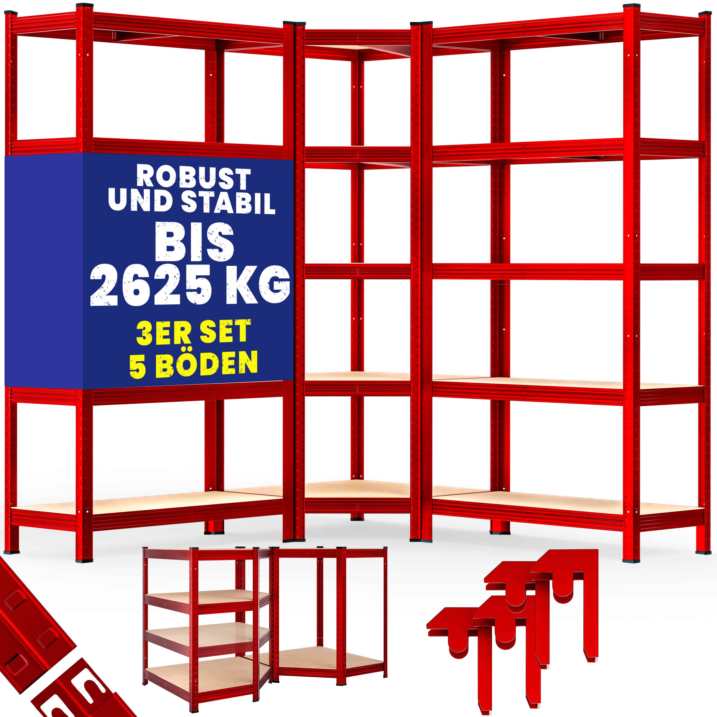 foto del prodotto set di 3 scaffali angolari e per carichi pesanti di colore rosso da 875 kg l uno