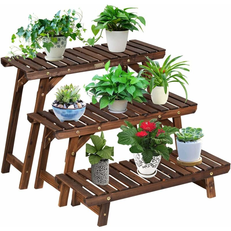 foto del prodotto set di 3 scaffali portapiante in legno di abete a doghe, espositore multiuso portatutto per interno ed esterno modello 10 relax4life