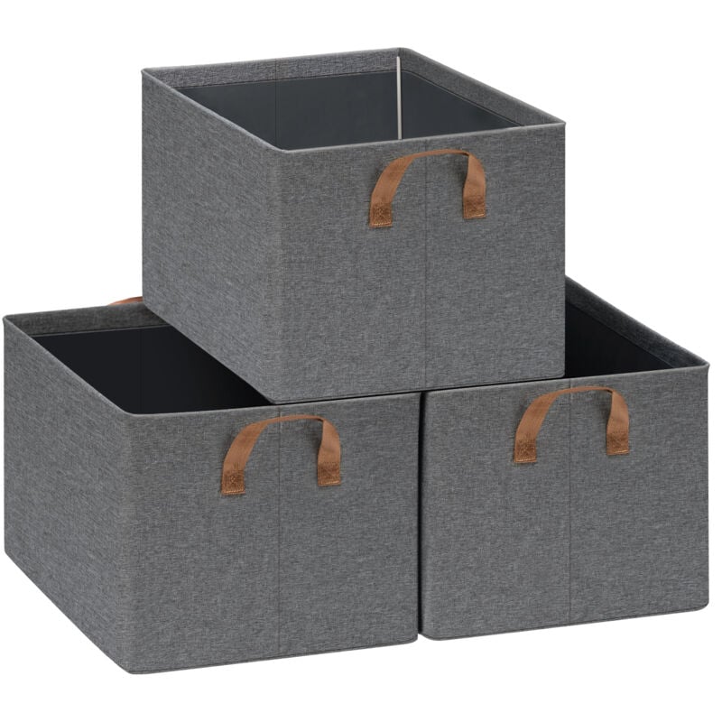 foto del prodotto set di 3 scatole portaoggetti pieghevoli, contenitori in tessuto con manici, 42x32x26 cm, grigio marrone woltu