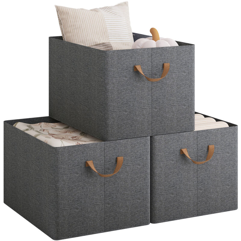 foto del prodotto set di 3 scatole portaoggetti pieghevoli, contenitori in tessuto con manici, 47x35x30 cm, grigio marrone woltu