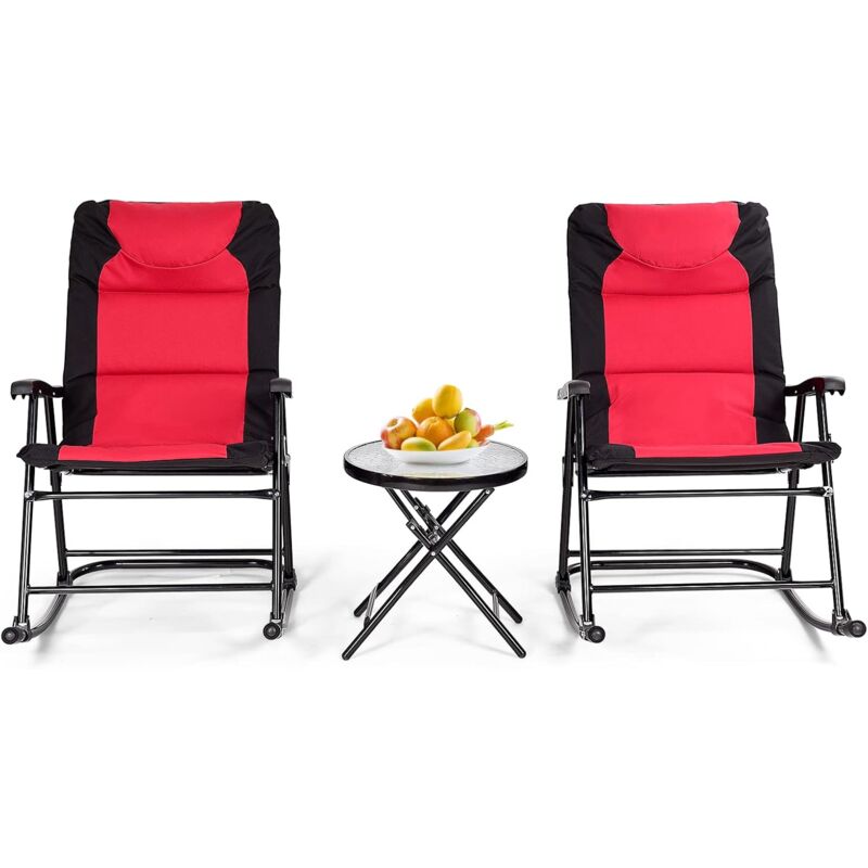 foto del prodotto set di 3 sedie a dondolo e tavolino da esterno, sedie e tavolino pieghevoli in vetro e acciaio, ideale per balcone, giardino e cortile rosso 