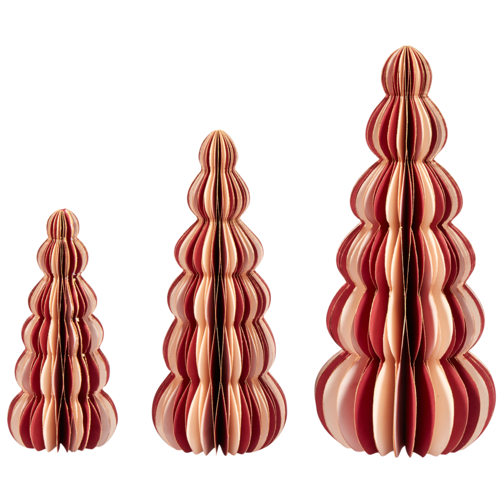 foto del prodotto set di 3 statuette a forma di alberi di natale in carta a nido d 39 ape beige e rosso decorazioni natalizie