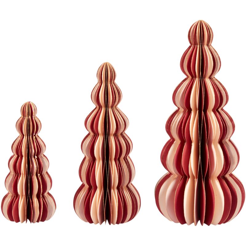 foto del prodotto set di 3 statuette a forma di alberi di natale in carta a nido d ape beige e rosso dhaulagiri