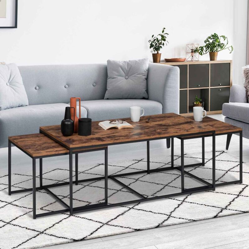 foto del prodotto set di 3 tavolini bassi 113 cm effetto invecchiato con design industriale detroit
