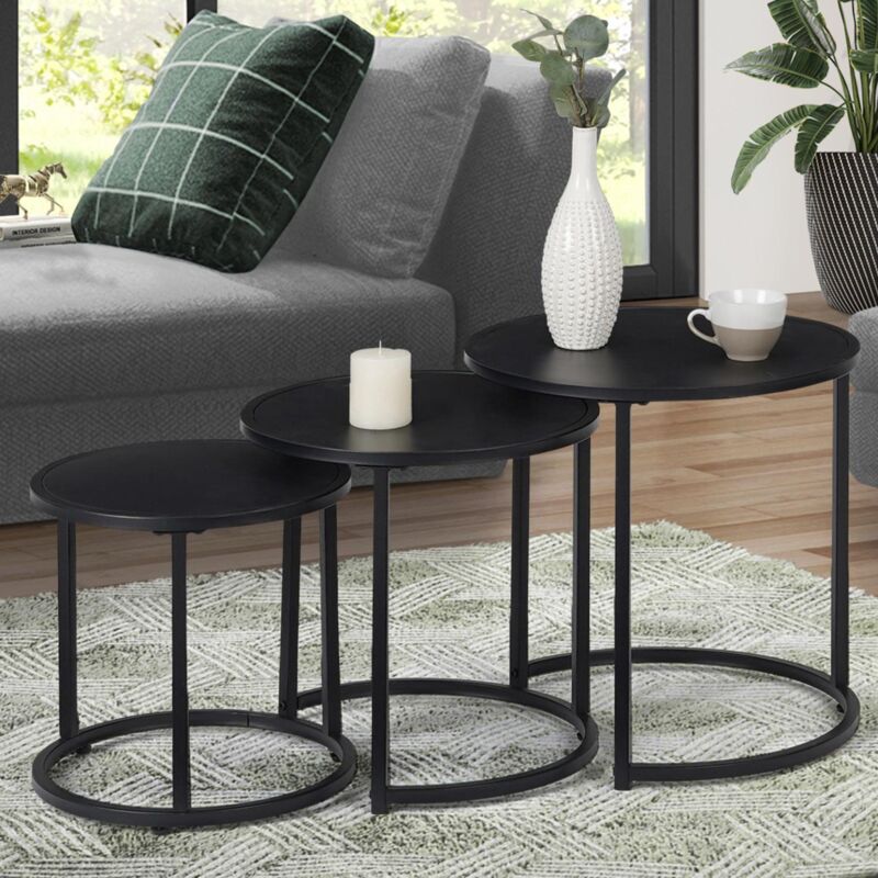 foto del prodotto set di 3 tavolini davis rotondi 35 40 45 in metallo nero opaco, design industriale