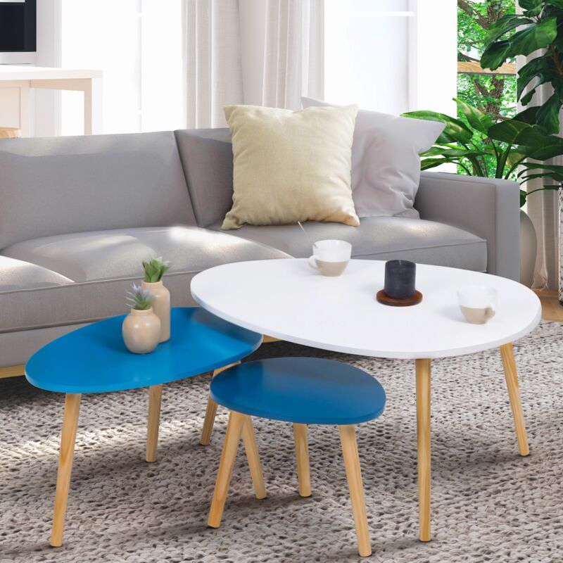 foto del prodotto set di 3 tavolini nidificanti gaia laccati in bianco e blu in stile scandinavo