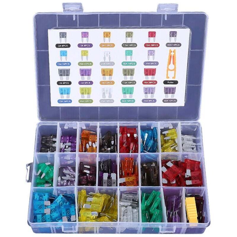 foto del prodotto set di 300 fusibili per auto 2a 3a 5a 7,5a 10a 15a 20a 25a 30a 35a 40a mini micro fusibili standard per auto, moto, fusibili per auto e estrattori