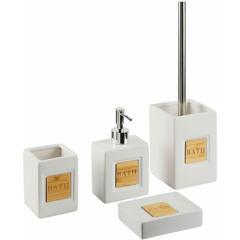 foto del prodotto set di 4 accessori bagno in ceramica beige e legno chiaro portasapone kourou