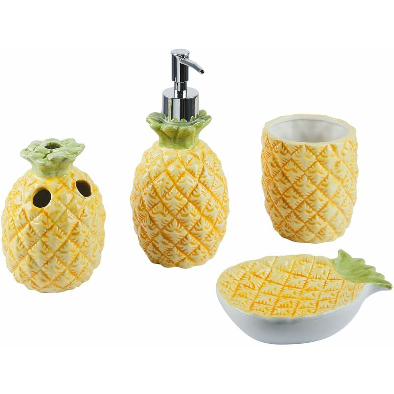 foto del prodotto set di 4 accessori bagno in ceramica giallo e verde a forma di ananas maicao