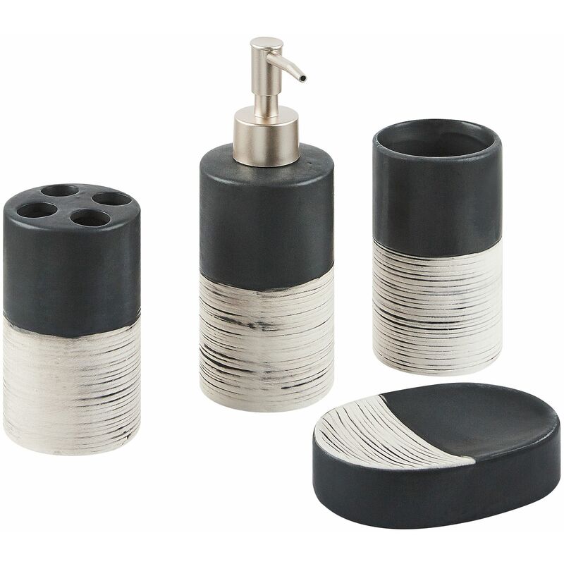 foto del prodotto set di 4 accessori bagno in ceramica nera e beige dispenser porta sapone coro