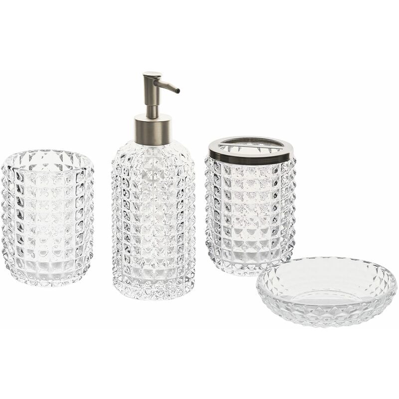 foto del prodotto set di 4 accessori bagno in vetro trasparente e argento dispenser sapone porta sapone bicchiere tapia