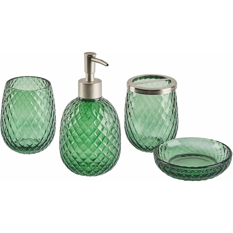 foto del prodotto set di 4 accessori bagno in vetro verde e argento dispenser porta sapone canoa