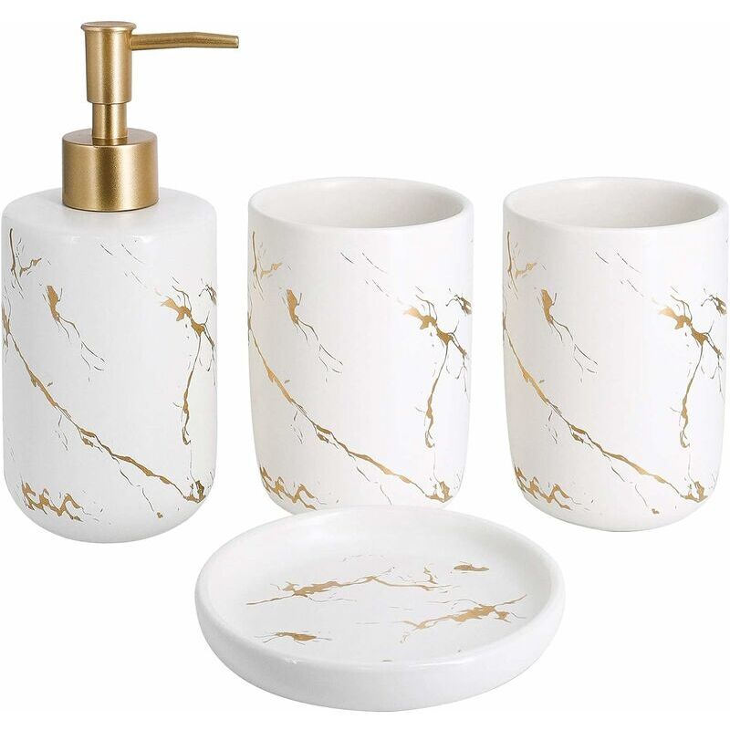 foto del prodotto set di 4 accessori da bagno in ceramica con dispenser di sapone, bicchieri e portasapone bianco 