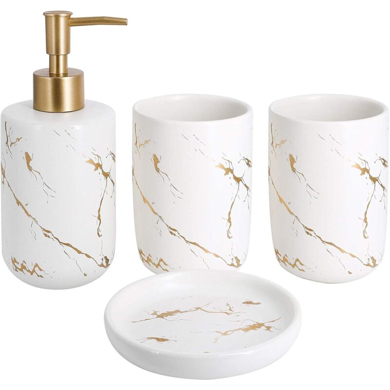 foto del prodotto set di 4 accessori da bagno in ceramica dispenser di sapone, bicchieri, portasapone