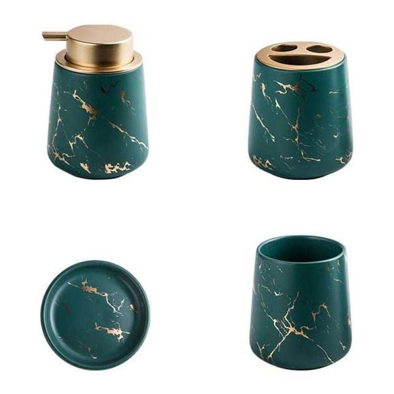 foto del prodotto set di 4 accessori da bagno in ceramica marmorizzata dispenser di sapone, porta spazzolino, bicchiere, porta sapone verde scuro 