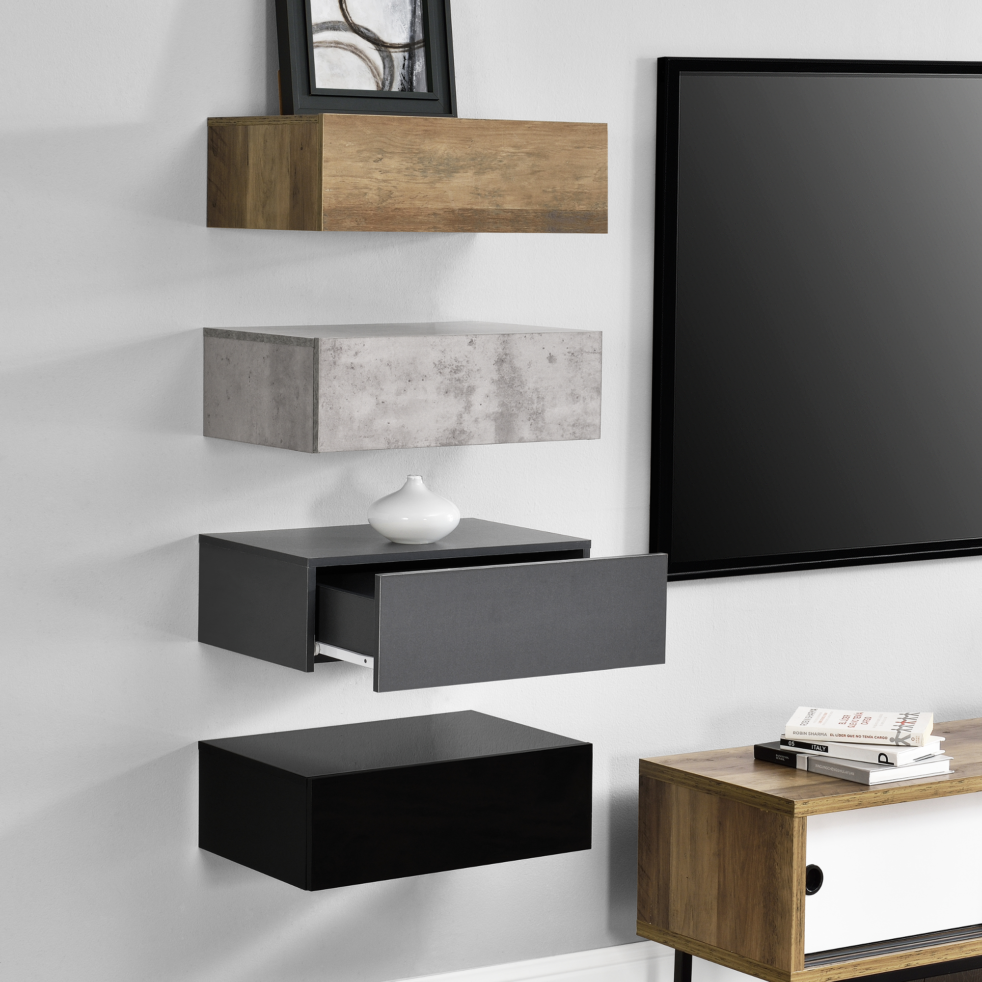foto del prodotto set di 4 comodini da parete con cassetto 46x30x15 cm effetto legno effetto cemento grigio scuro nero lucido