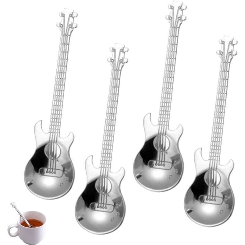 foto del prodotto set di 4 cucchiaini da caff a forma di chitarra, cucchiaini da dessert in acciaio inossidabile 304, mini cucchiaini per mescolare t , latte,