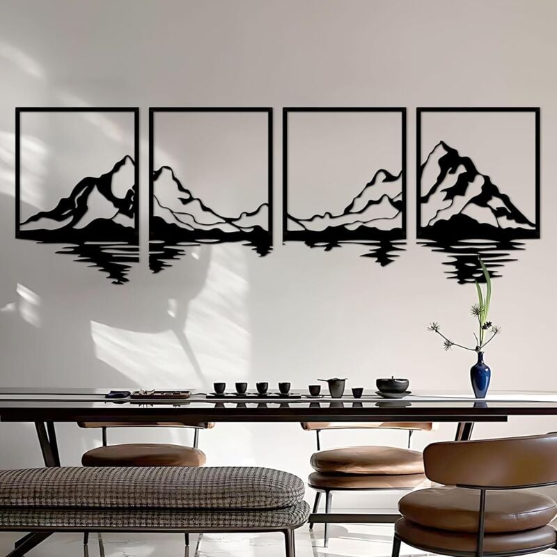 foto del prodotto set di 4 decorazione della parete di metallo decorazione murale di montagne e foreste, decorazione murale metallo nero per la camera da letto del