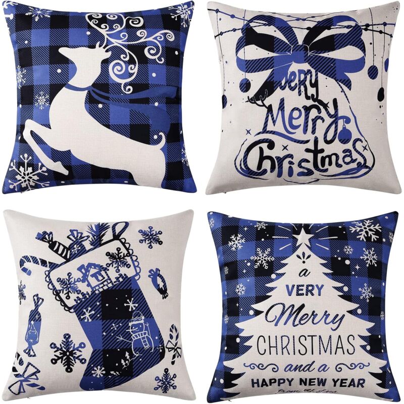 foto del prodotto set di 4 federe decorative natalizie in lino con motivo albero di natale e renne, decorazione per la casa, stile fattoria, camera da letto, 45,7 cm,