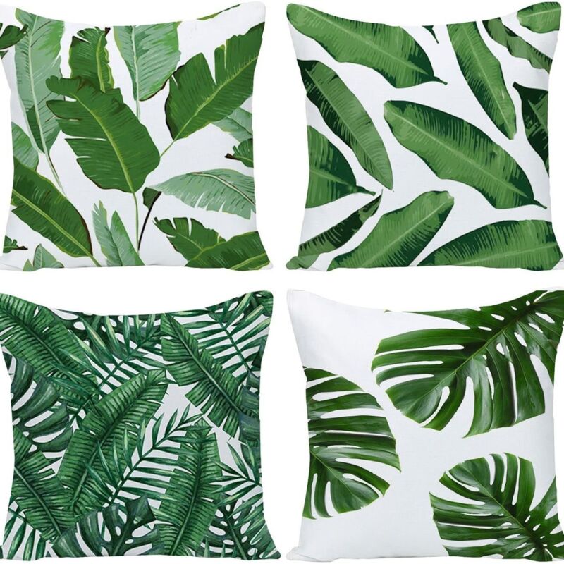 foto del prodotto set di 4 federe per cuscini 45 x 45 cm con foglie tropicali, in poliestere e lino, decorative per divani, letti, sedie, auto, soggiorno, arredamento