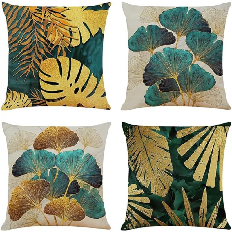 foto del prodotto set di 4 federe per cuscini da 45 x 45, federe per cuscini color verde acqua e foglia d oro, 18 x 18, cuscini in lino per divano, per soggiorno,