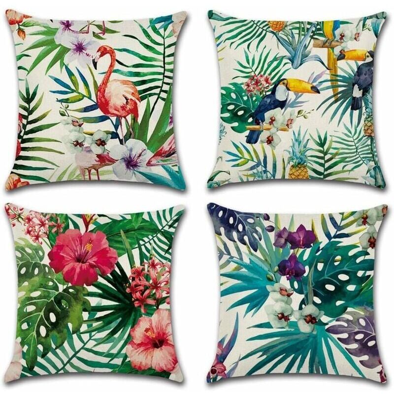 foto del prodotto set di 4 federe per cuscini in cotone e lino motivo piante tropicali 45 x 45 cm, linen cotton, a, 45 x 45 centimetri